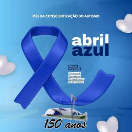 Laço azul grande, prédio da Camara, escrito abril azul e 150 anos