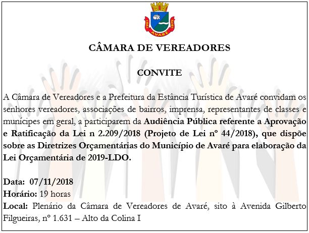Convite: Audiência Pública Lei Orçamentária de 2019