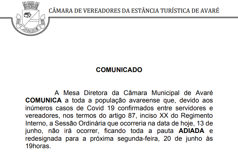 COMUNICADO - SESSÃO 13/06/2022 ADIADA